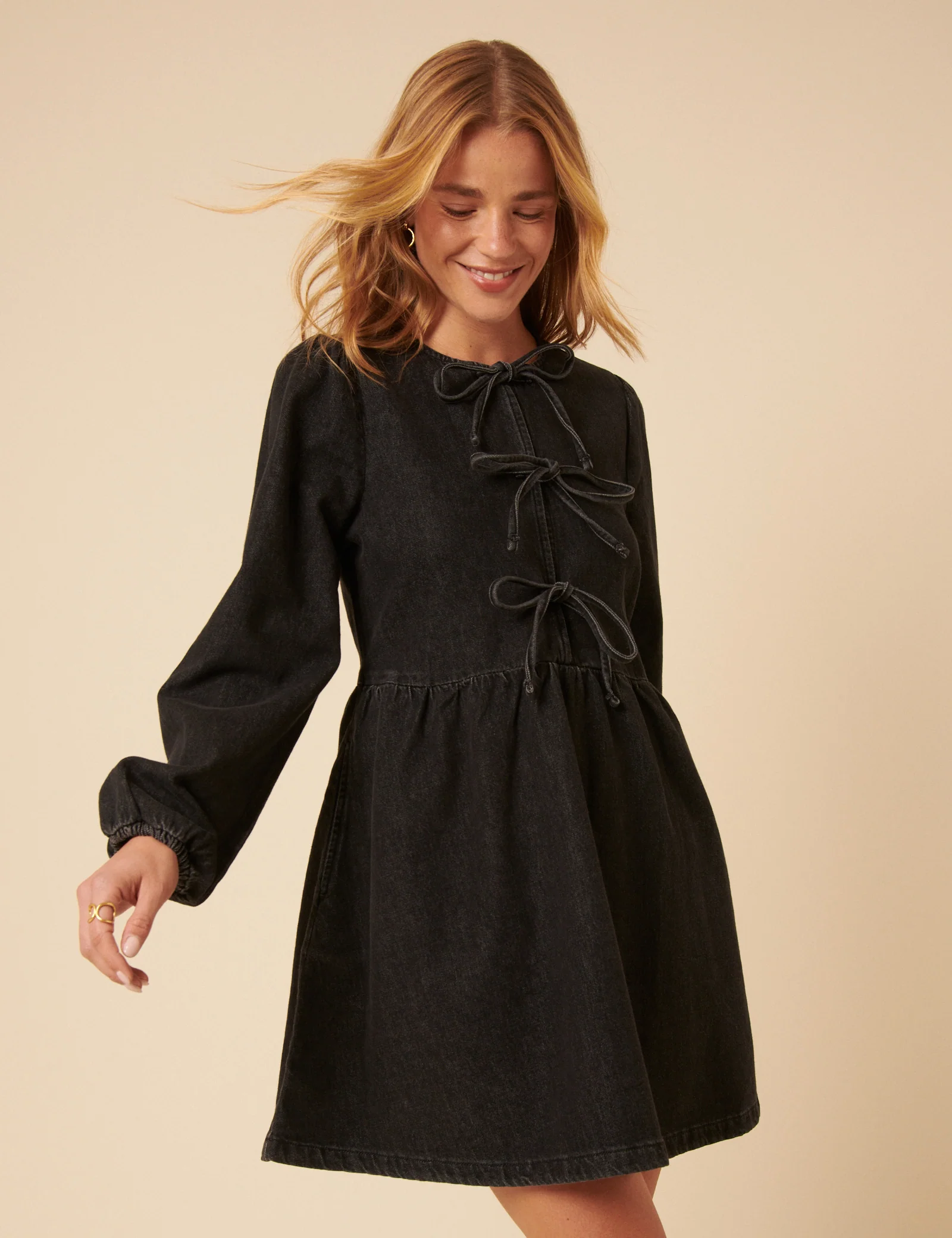 Black Denim Tie Front Eden Mini Dress - Image 4