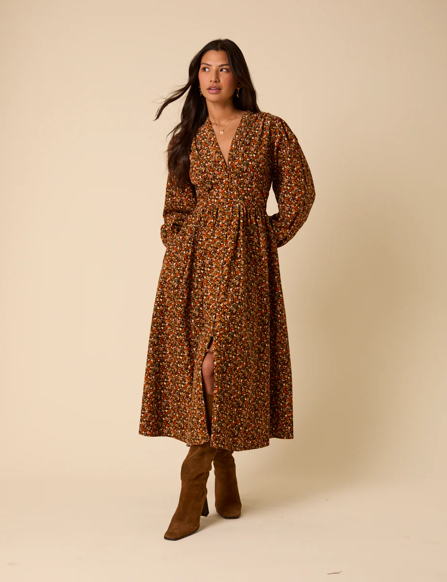 Black Ditsy Floral Cord Starlight Midi Dress - Image 4