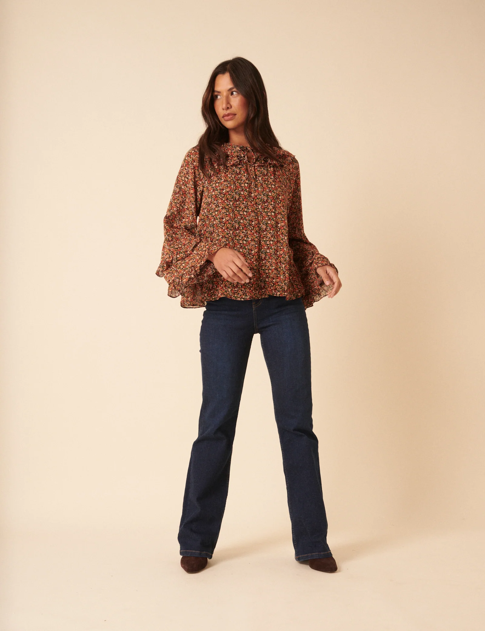 Black Ditsy Floral Flared Sleeve Blouse - Image 4