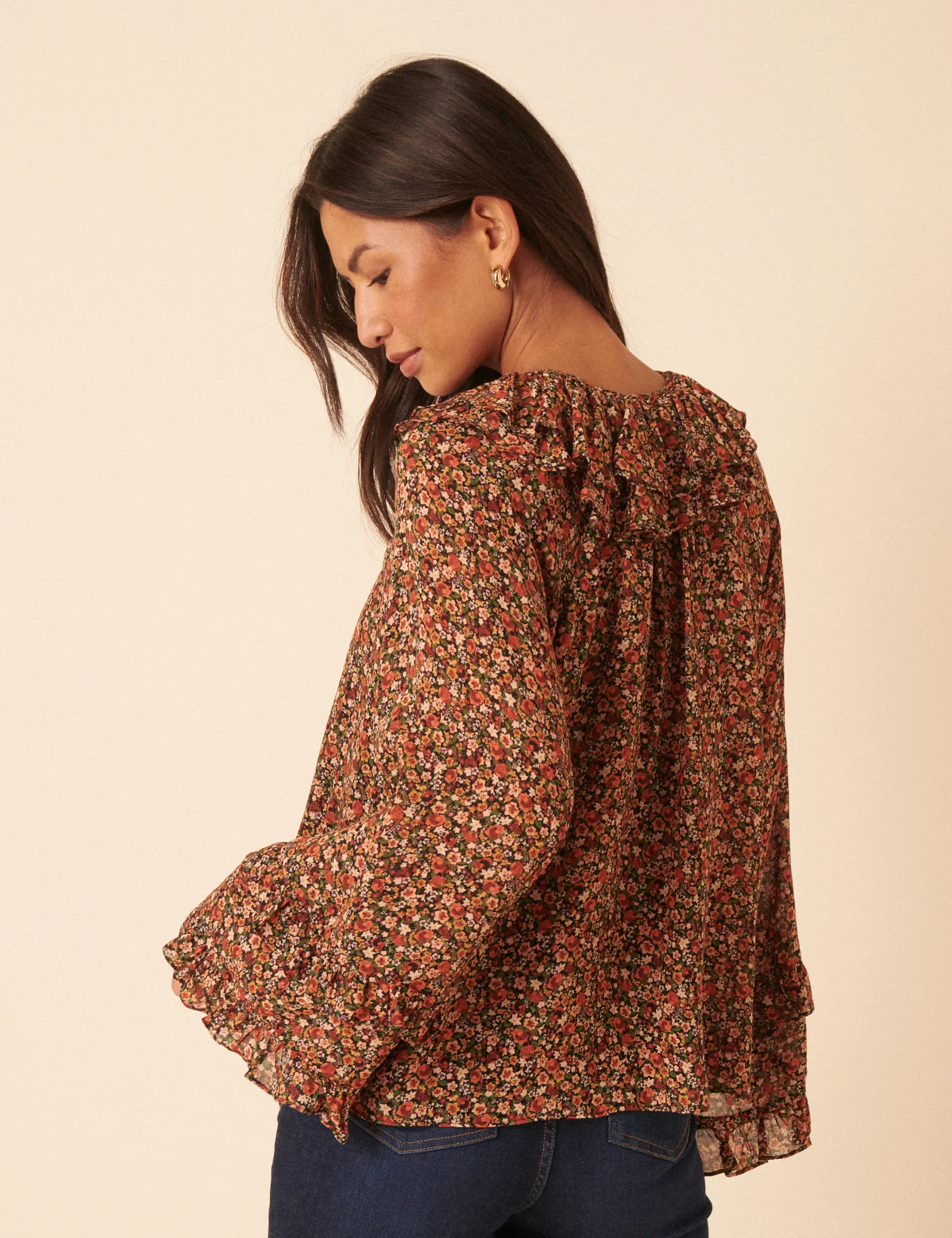 Black Ditsy Floral Flared Sleeve Blouse - Image 5