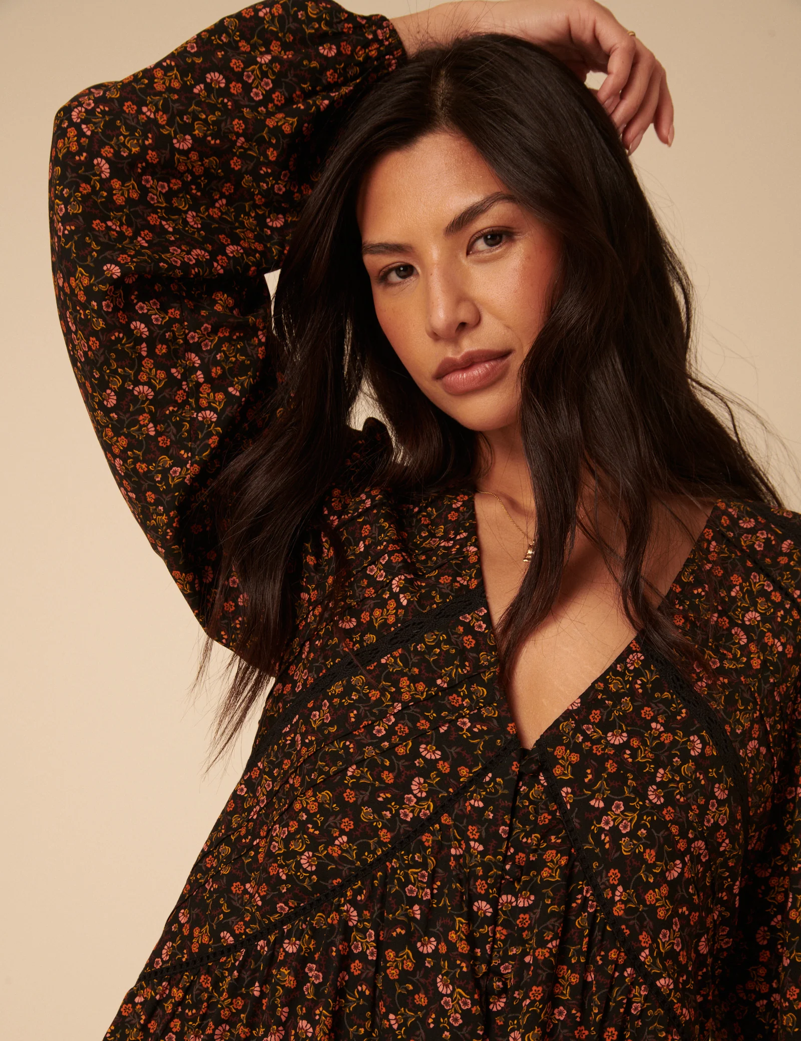 Black Ditsy Floral Long Sleeve Marley Mini Dress - Image 3