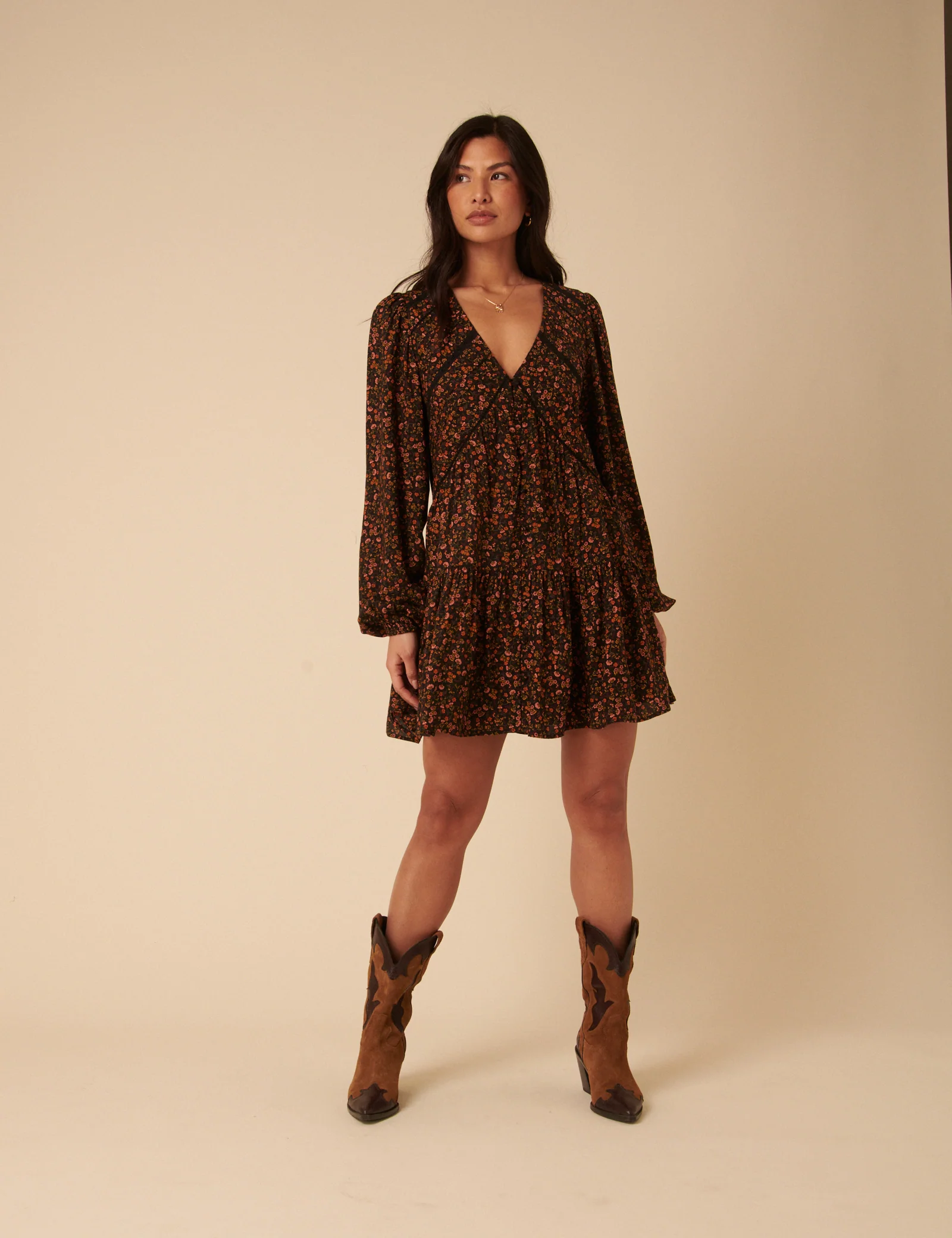 Black Ditsy Floral Long Sleeve Marley Mini Dress - Image 4