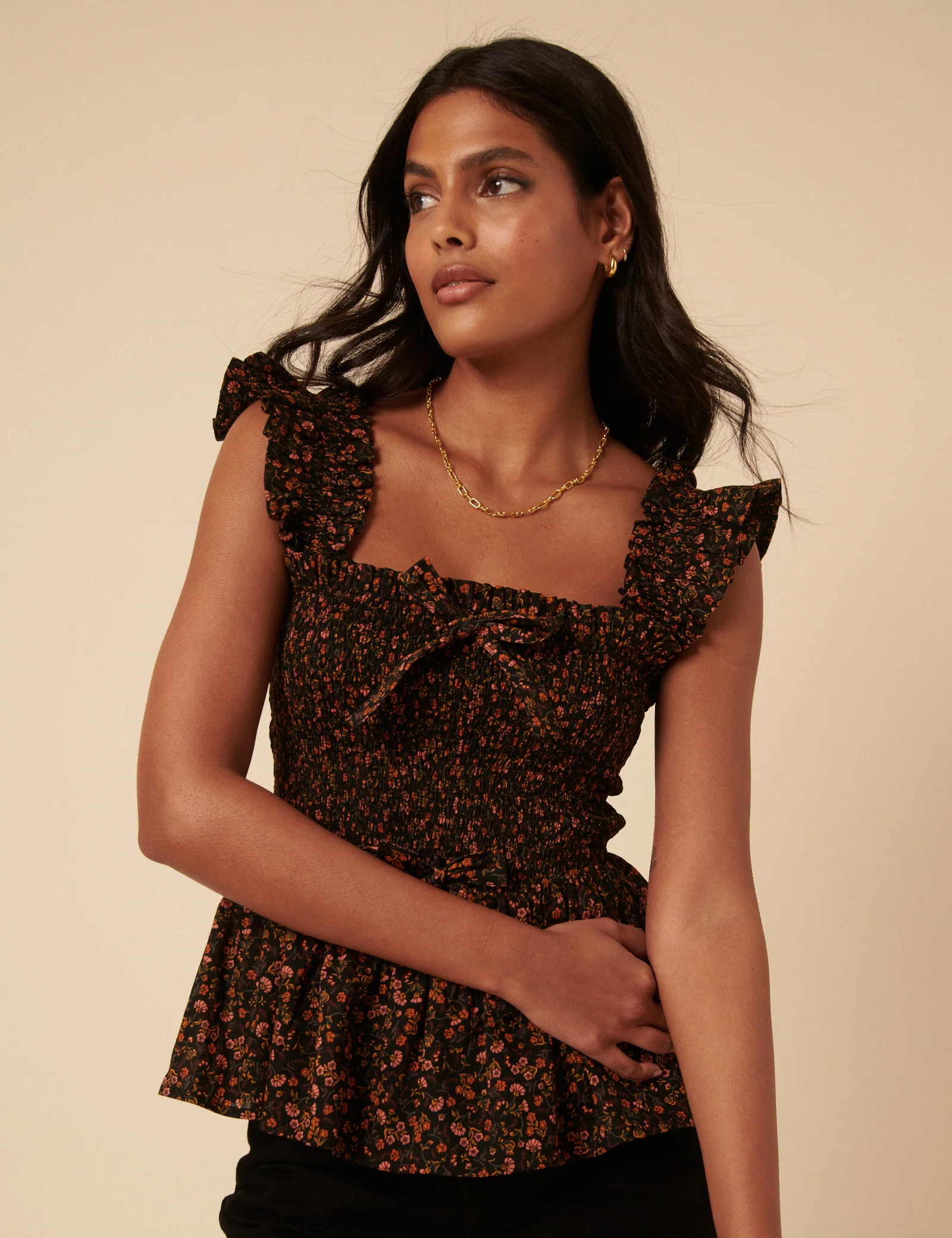 Black Ditsy Floral Shirred Top - Image 4