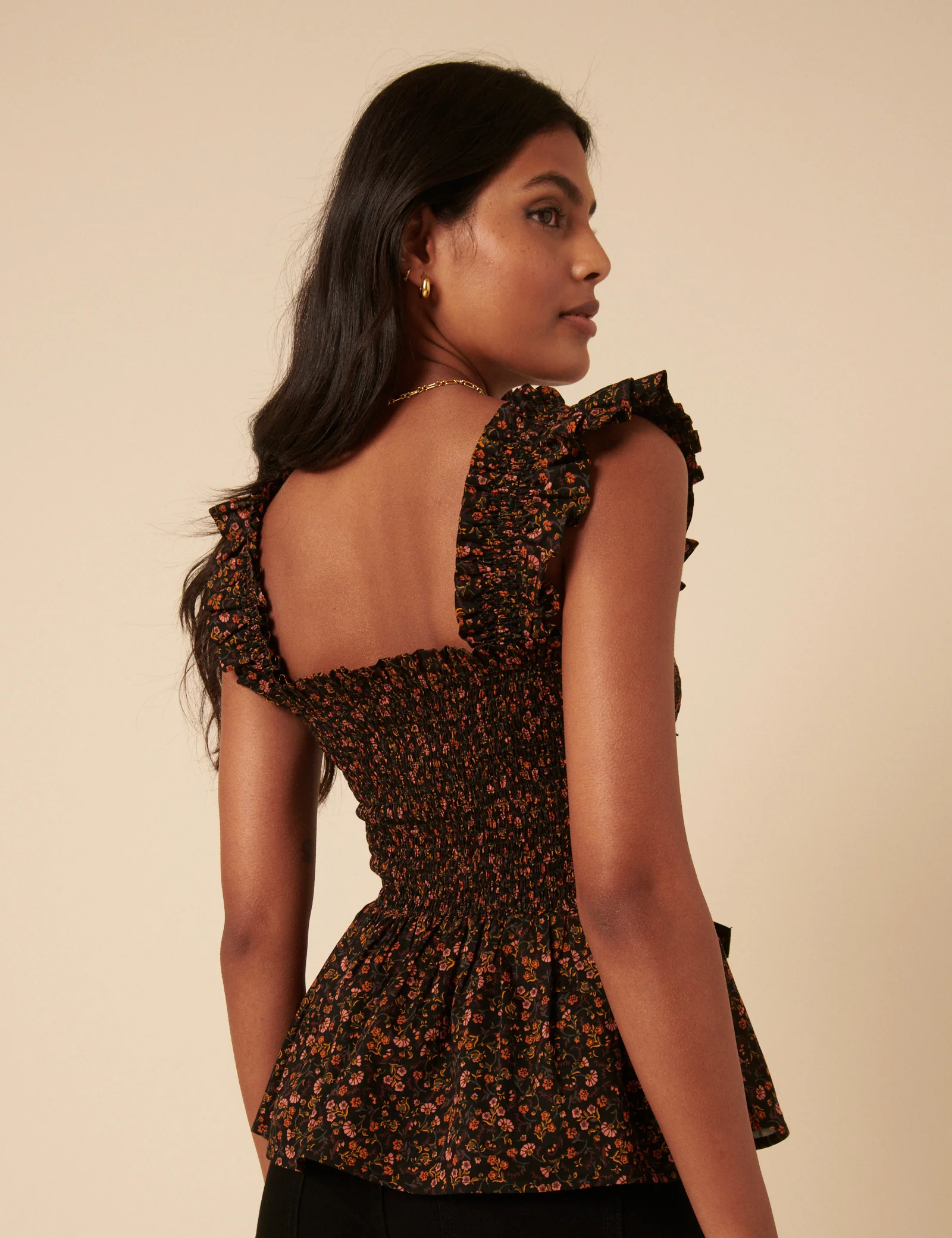 Black Ditsy Floral Shirred Top - Image 5
