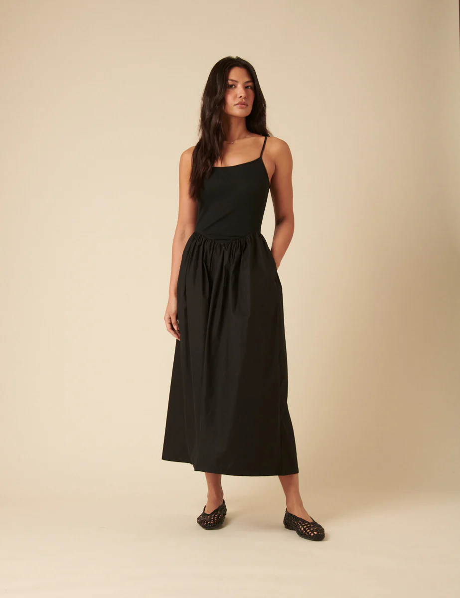 Black Ribbed Drop Waist Strappy Midi Dress - Image 2
