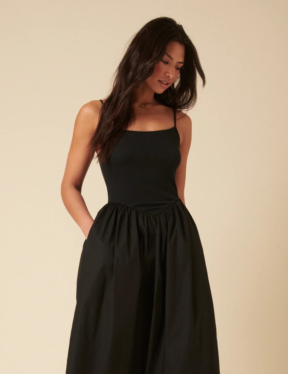 Black Ribbed Drop Waist Strappy Midi Dress - Image 3