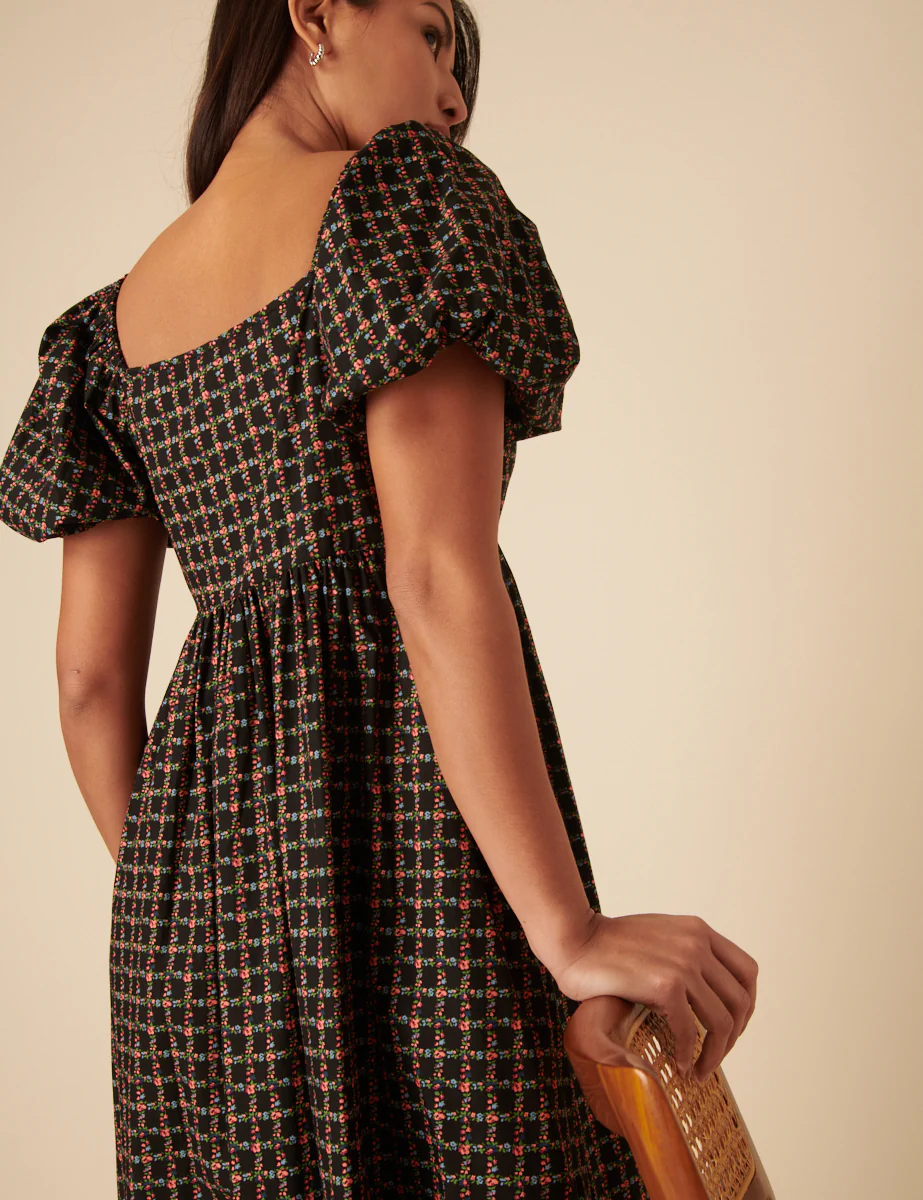 Black Floral Check Joanna Midi Dress - Image 4
