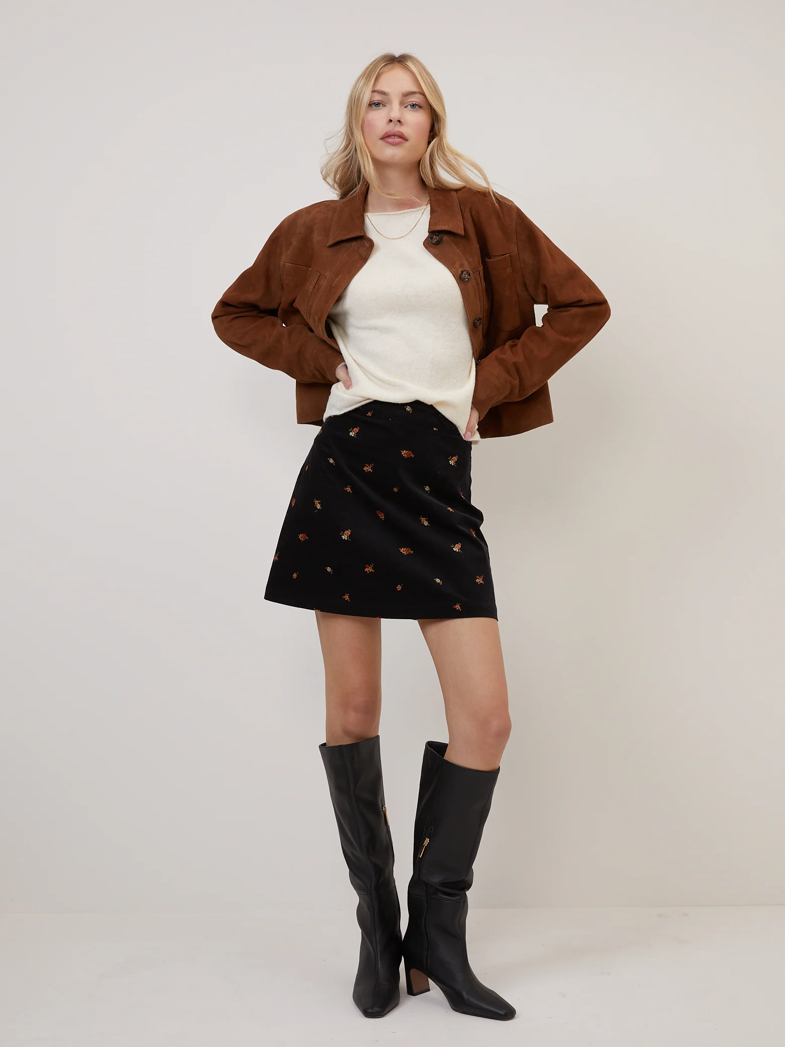 Black Floral Cord Mini Skirt - Image 3