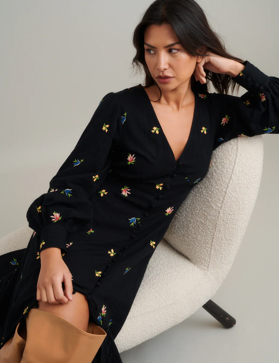 Black Floral Embroidered Balloon Sleeve Shannon Midi Dress - Image 7