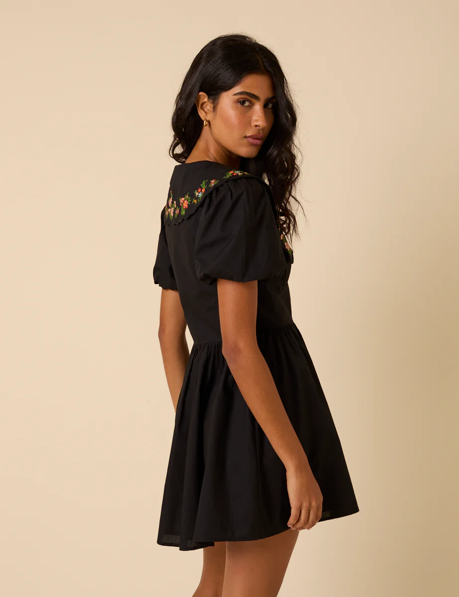 Black Floral Embroidered Birdie Mini Dress - Image 5