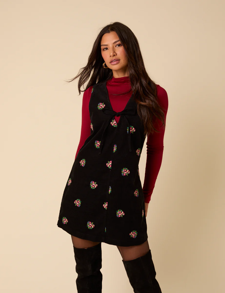 Black Floral Embroidered Cord Nila Pinafore Mini Dress - Image 2