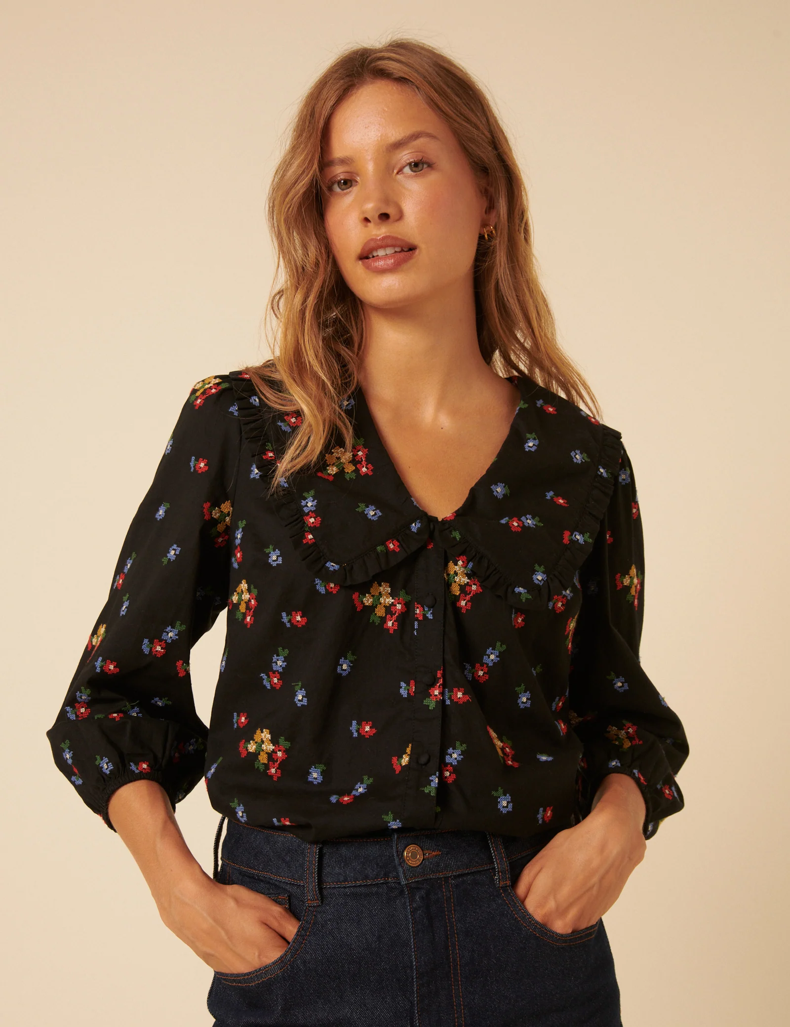 Black Floral Embroidered Long Sleeve Emmie Blouse - Image 4