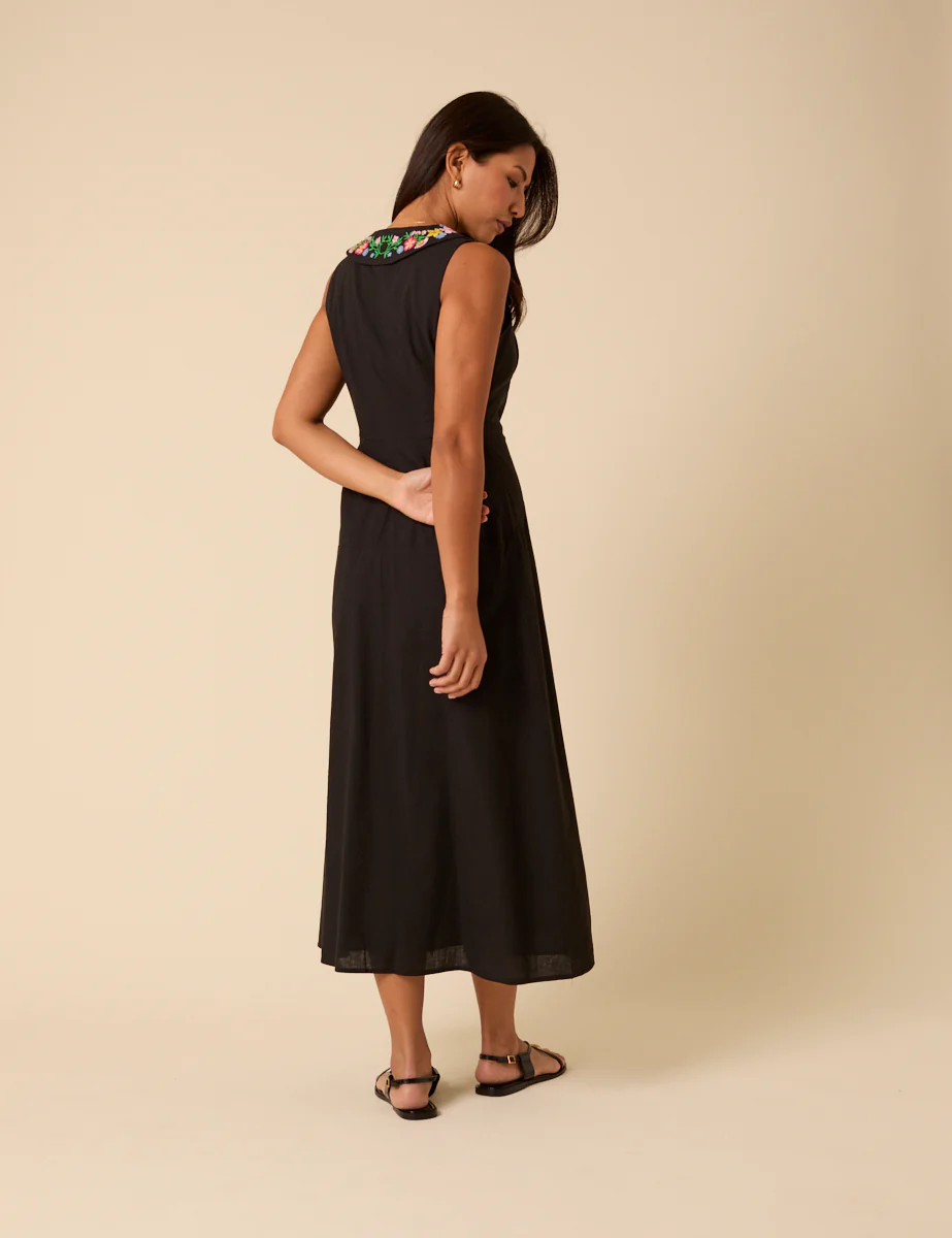 Black Floral Embroidered Melanie Midi Dress - Image 5
