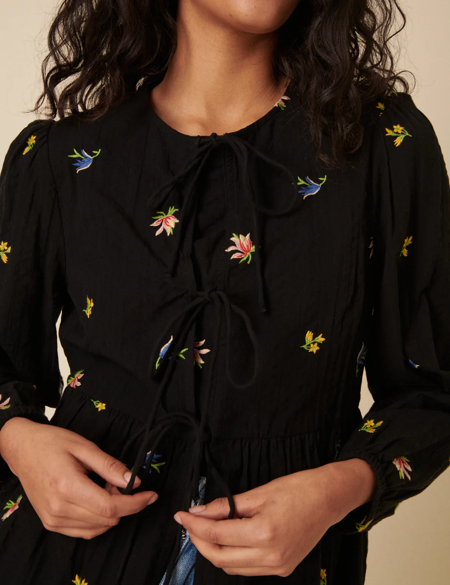 Black Floral Embroidered Tie Front Blouse - Image 3