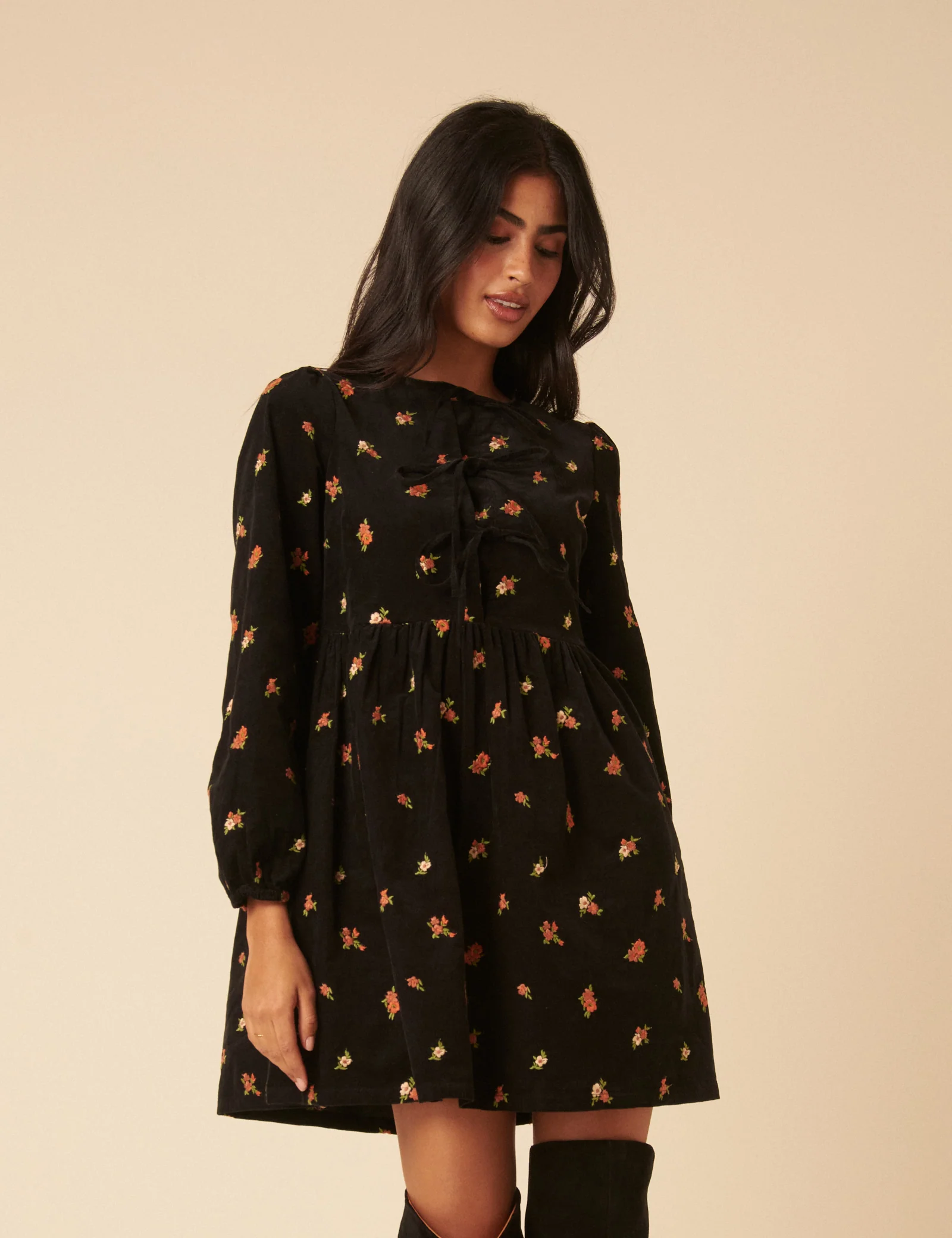 Black Floral Embroidered Tie-front Cord Eden Mini Dress - Image 4
