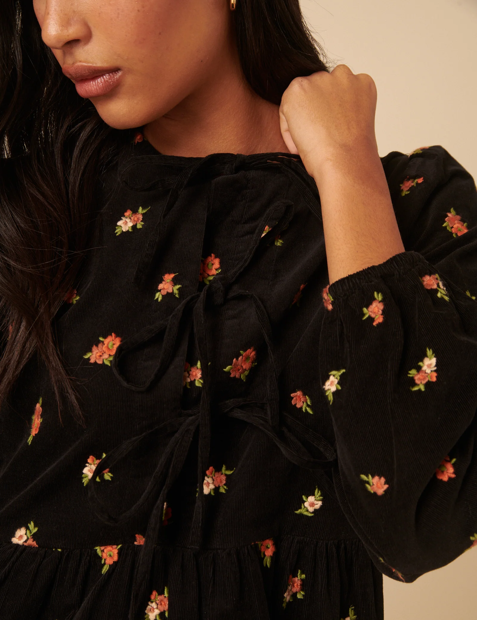 Black Floral Embroidered Tie-front Cord Eden Mini Dress - Image 6