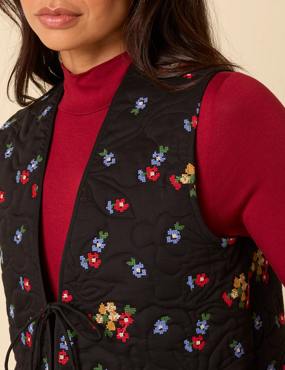 Black Floral Embroidered Waistcoat - Image 4