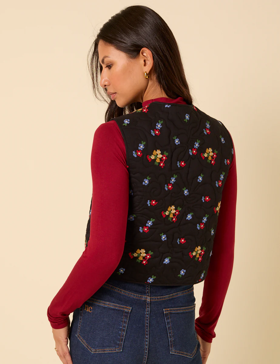 Black Floral Embroidered Waistcoat - Image 5
