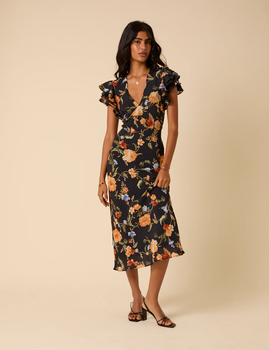 Black Floral Frill Sleeve Layla Midi Dress