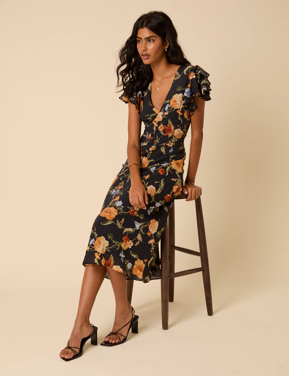 Black Floral Frill Sleeve Layla Midi Dress - Image 4