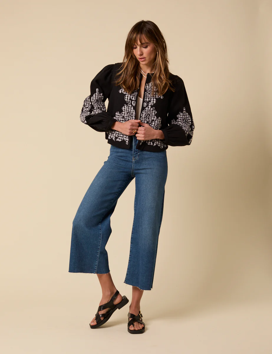 Black Floral Gingham Detail Jacket - Image 4