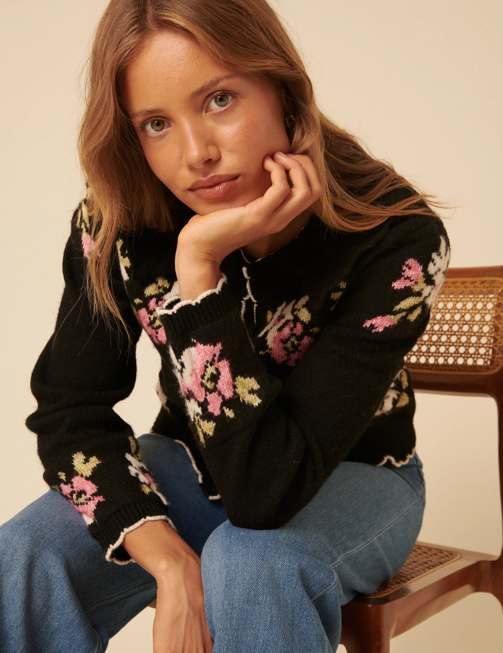 Black Floral Jacquard Collared Cardigan - Image 2
