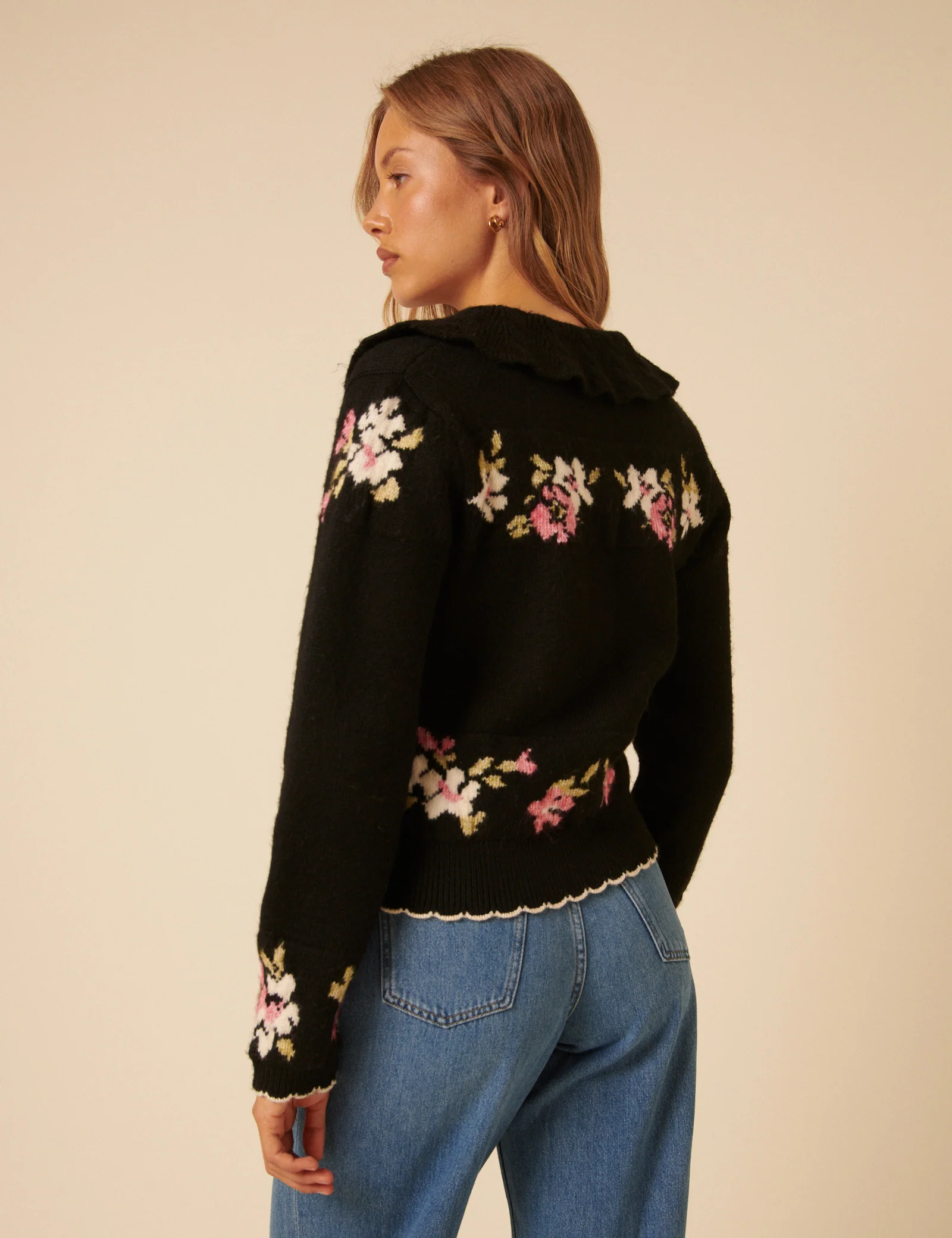 Black Floral Jacquard Collared Cardigan - Image 5