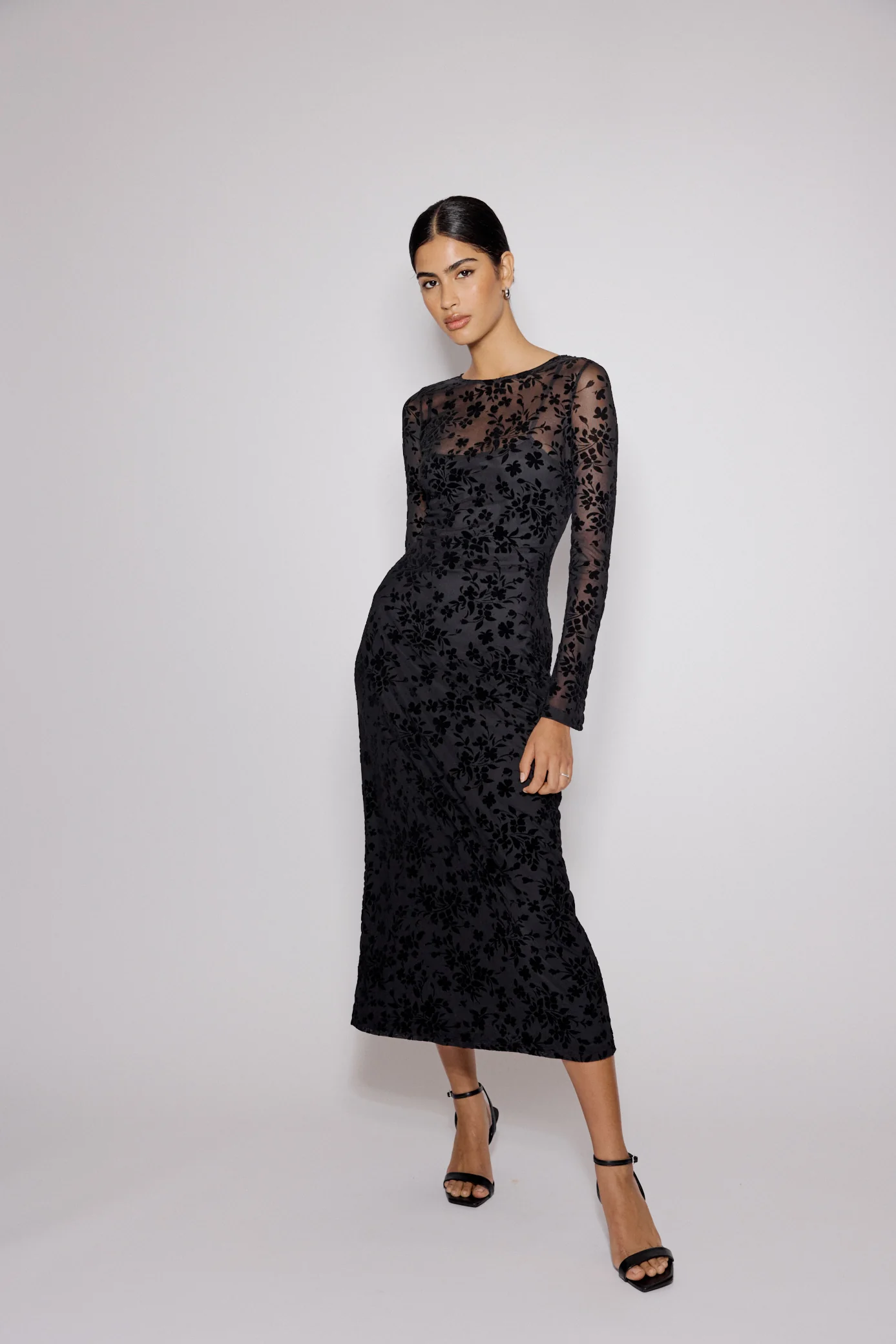 Black Floral Jaquard Velvet Stretch Mesh Midi Dress - Image 2