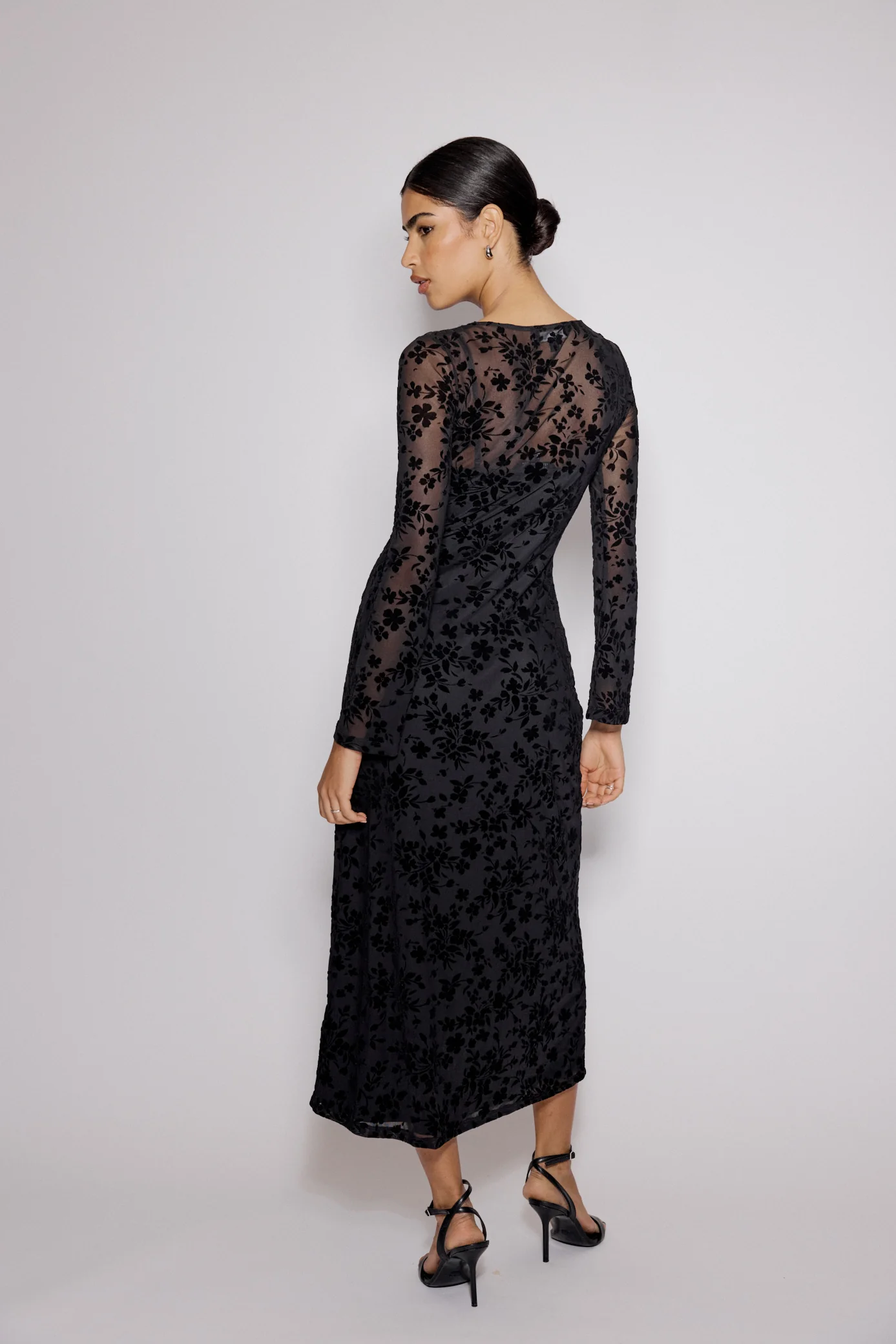 Black Floral Jaquard Velvet Stretch Mesh Midi Dress - Image 6