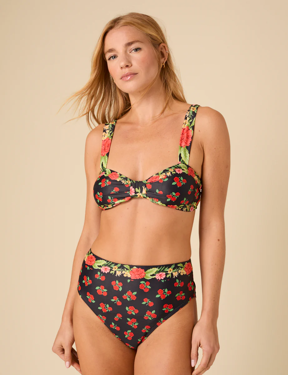 Black Floral Knot Front Bikini Top