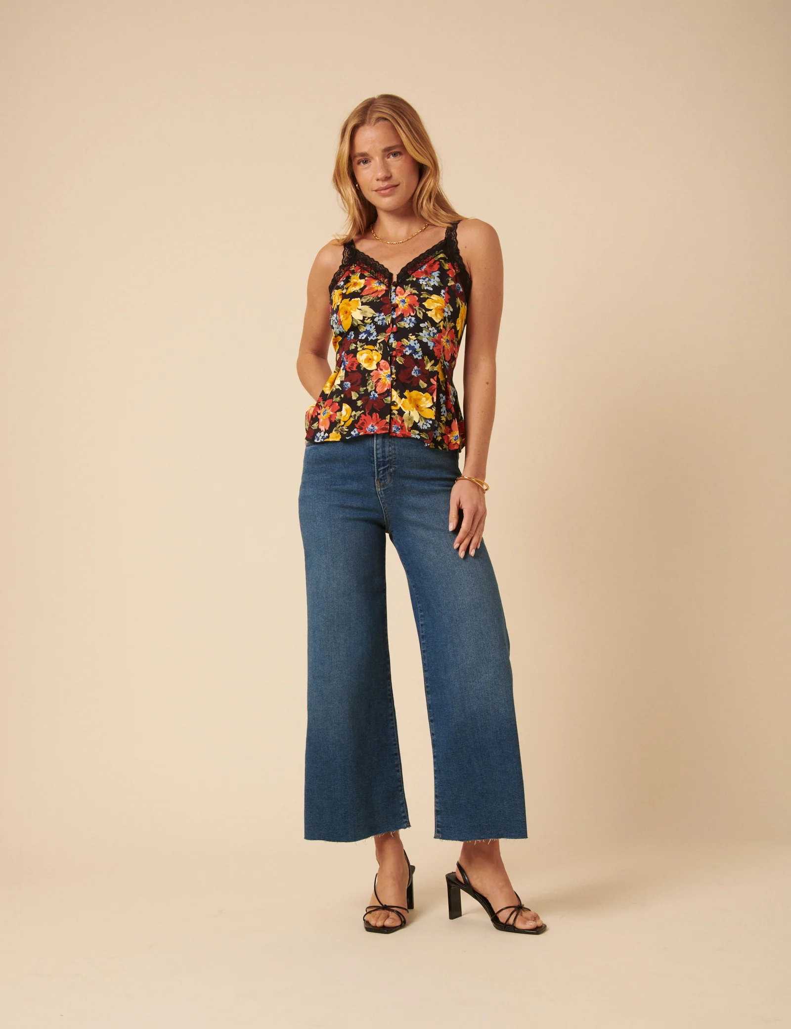 Black Floral Lace Trim Cami Top - Image 4