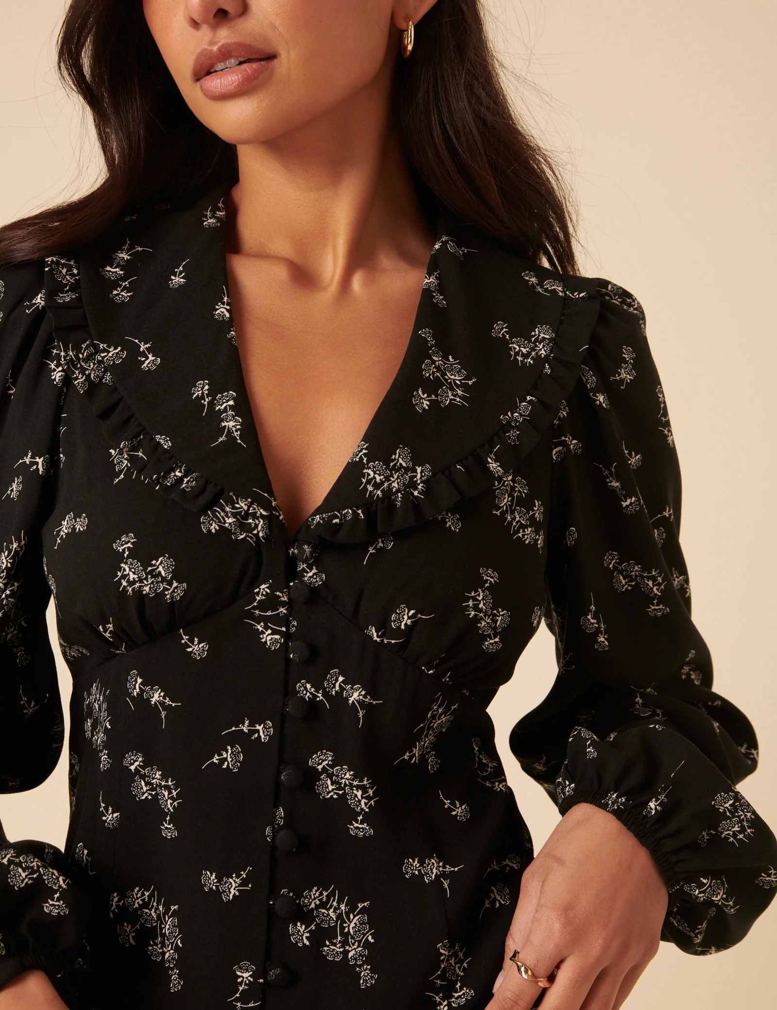 Black Floral Long Sleeve Blouse - Image 2