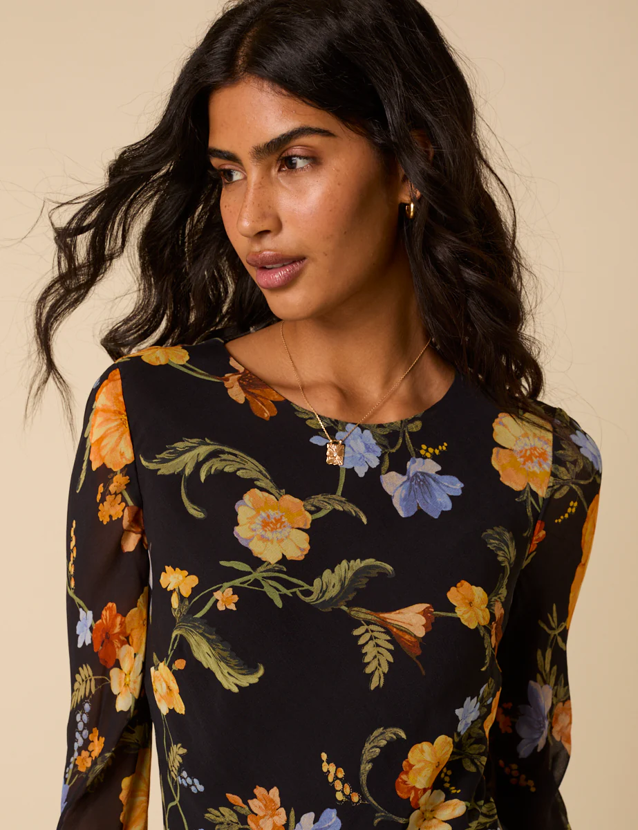 Black Floral Long Sleeve Clarissa Midi Dress - Image 4