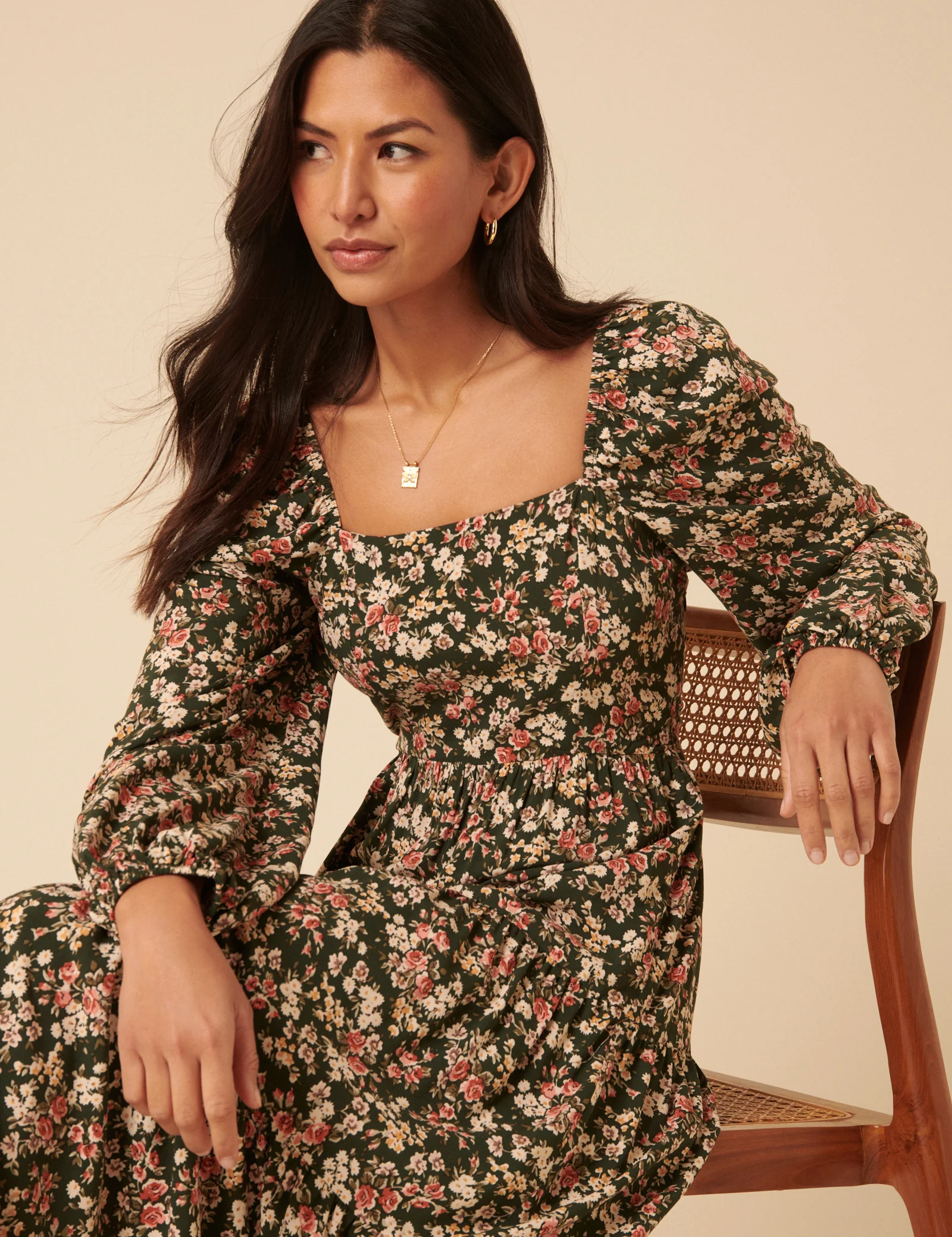 Black Floral Long Sleeve Maud Midi Dress - Image 2