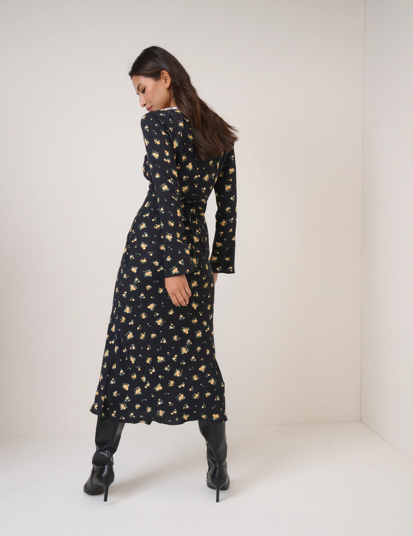 Black Floral Long Sleeve Naples Midi Dress - Image 5