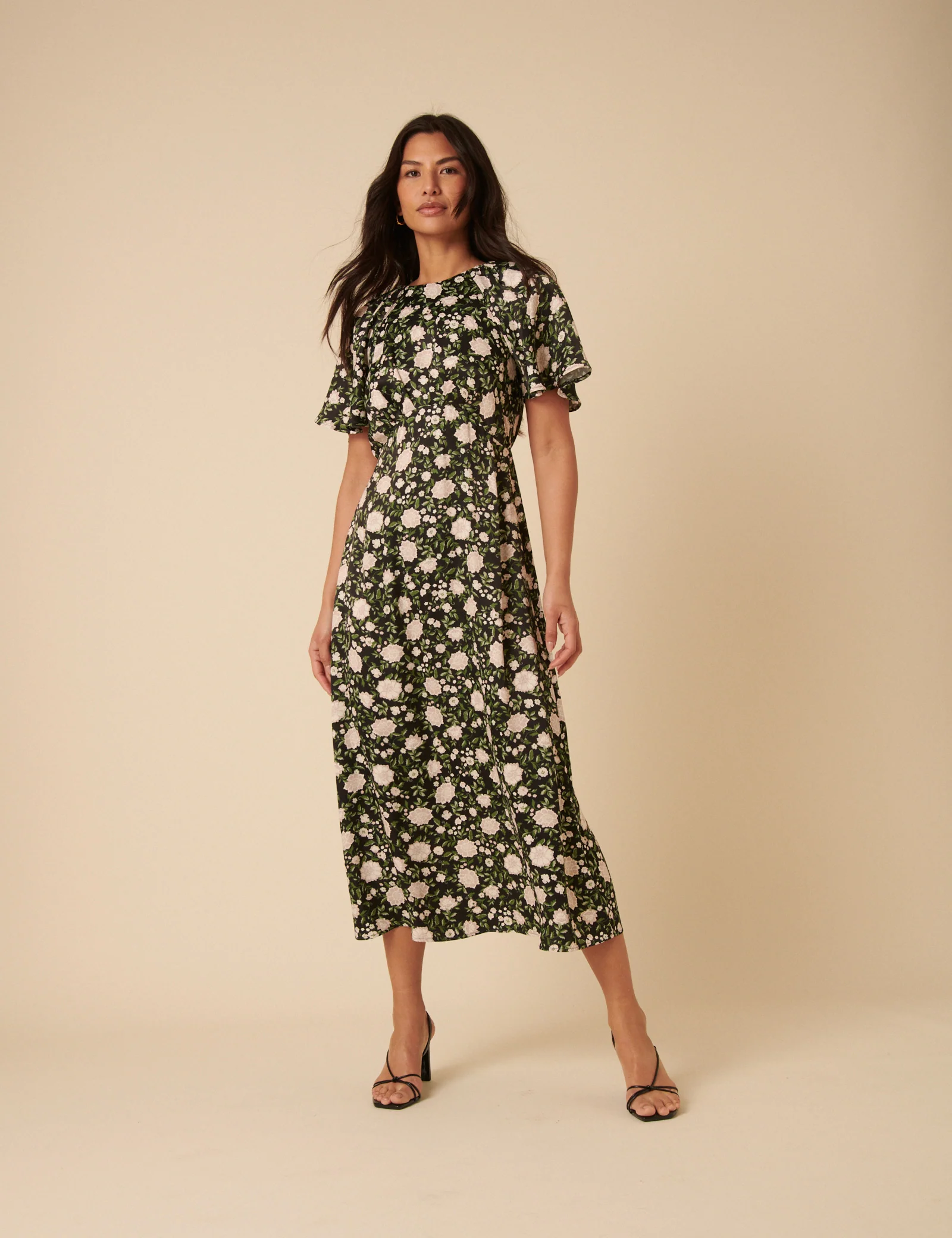 Black Floral Madeira Frill Sleeve Midi Dress