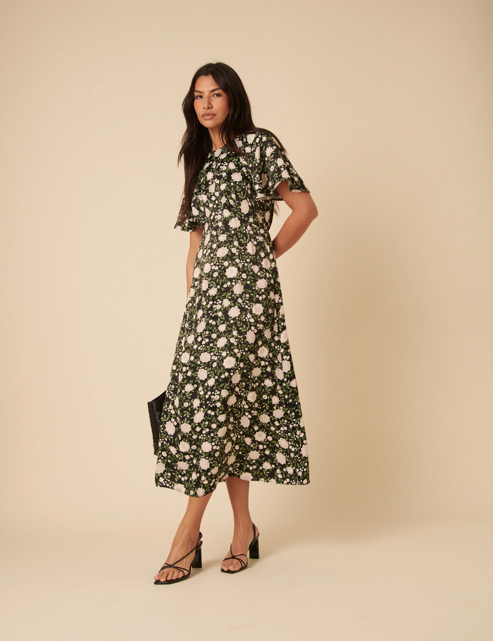 Black Floral Madeira Frill Sleeve Midi Dress - Image 3