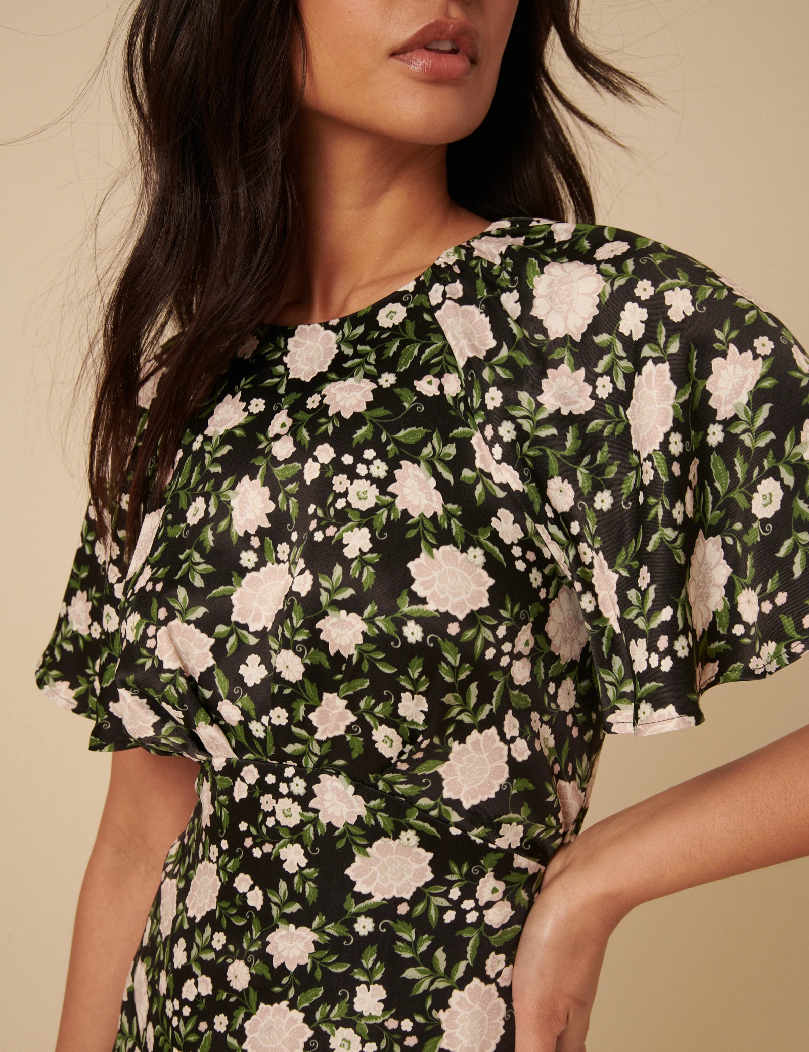 Black Floral Madeira Frill Sleeve Midi Dress - Image 5