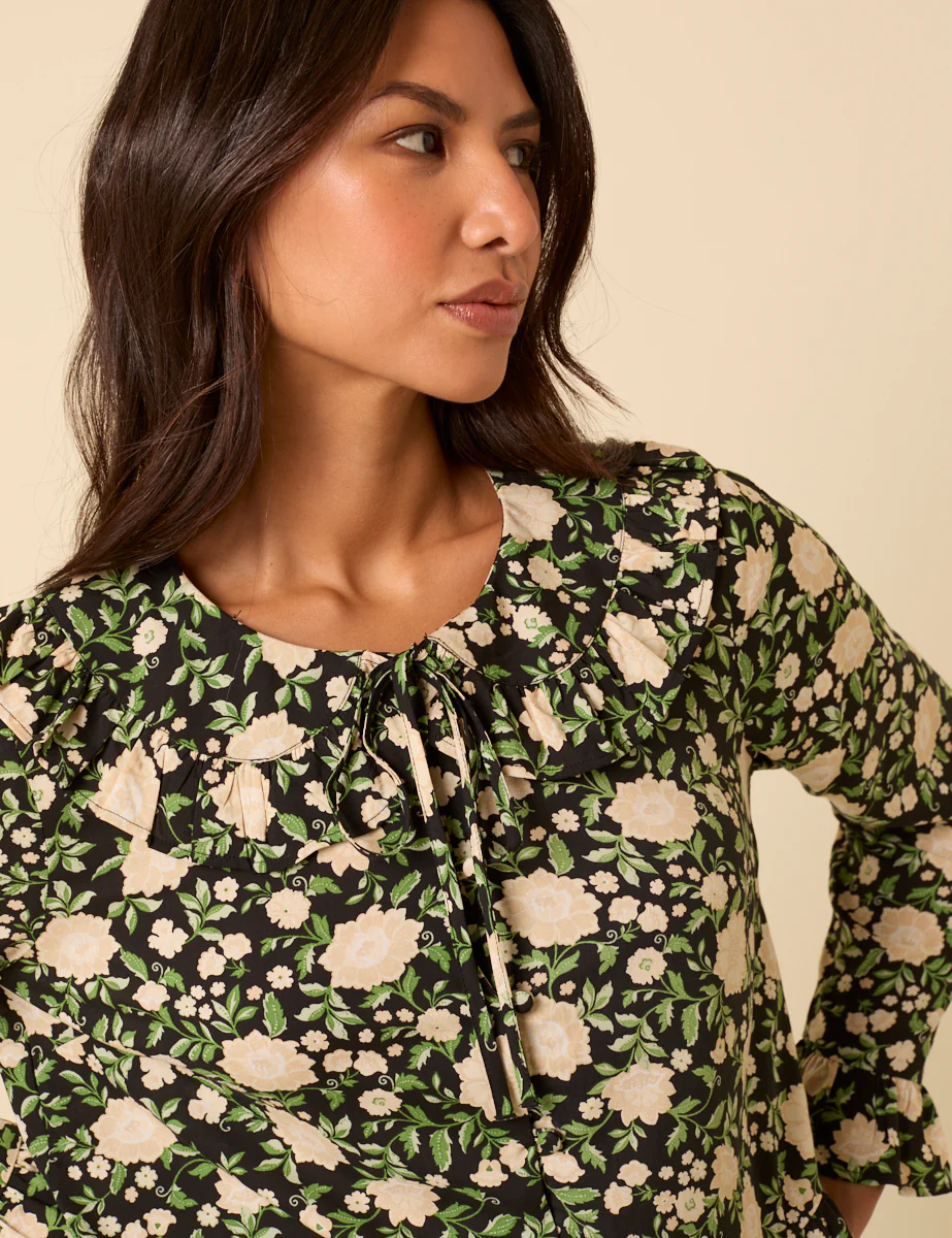 Black Floral Ruffle Collared Blouse - Image 2