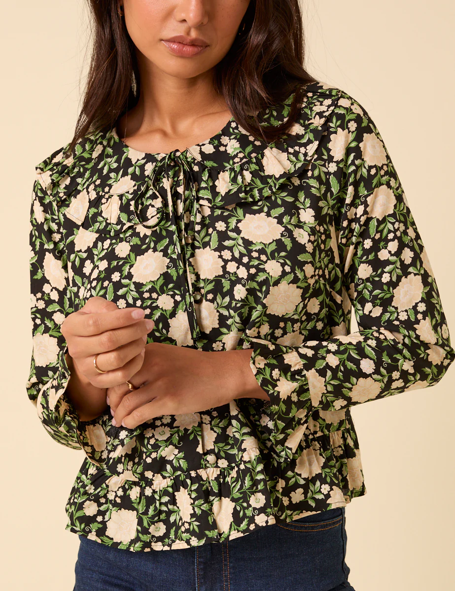 Black Floral Ruffle Collared Blouse - Image 3
