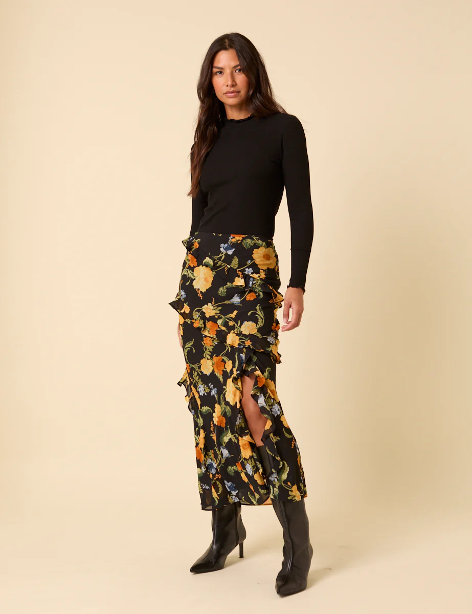 Black Floral Ruffle Midi Skirt - Image 5