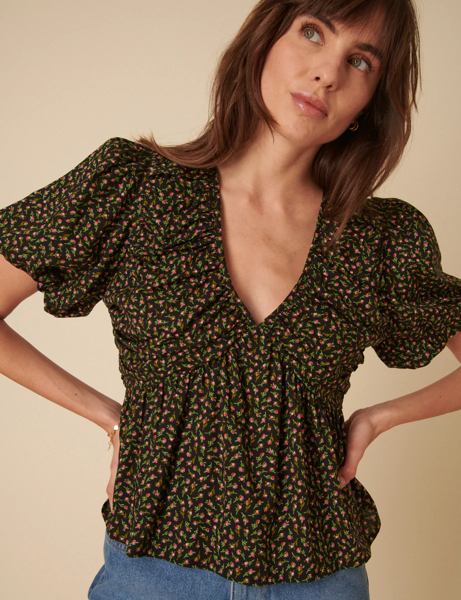 Black Floral Short Sleeve Top - Image 3