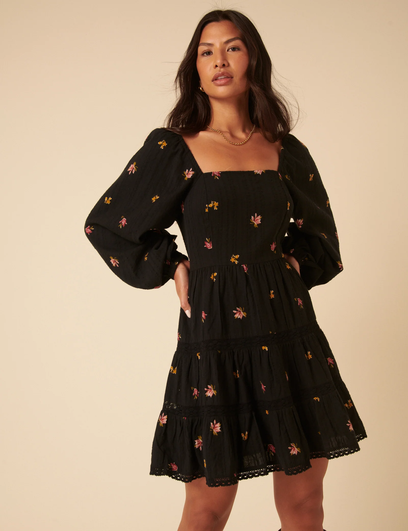 Black Floral Tiered Whitley Mini Dress - Image 3