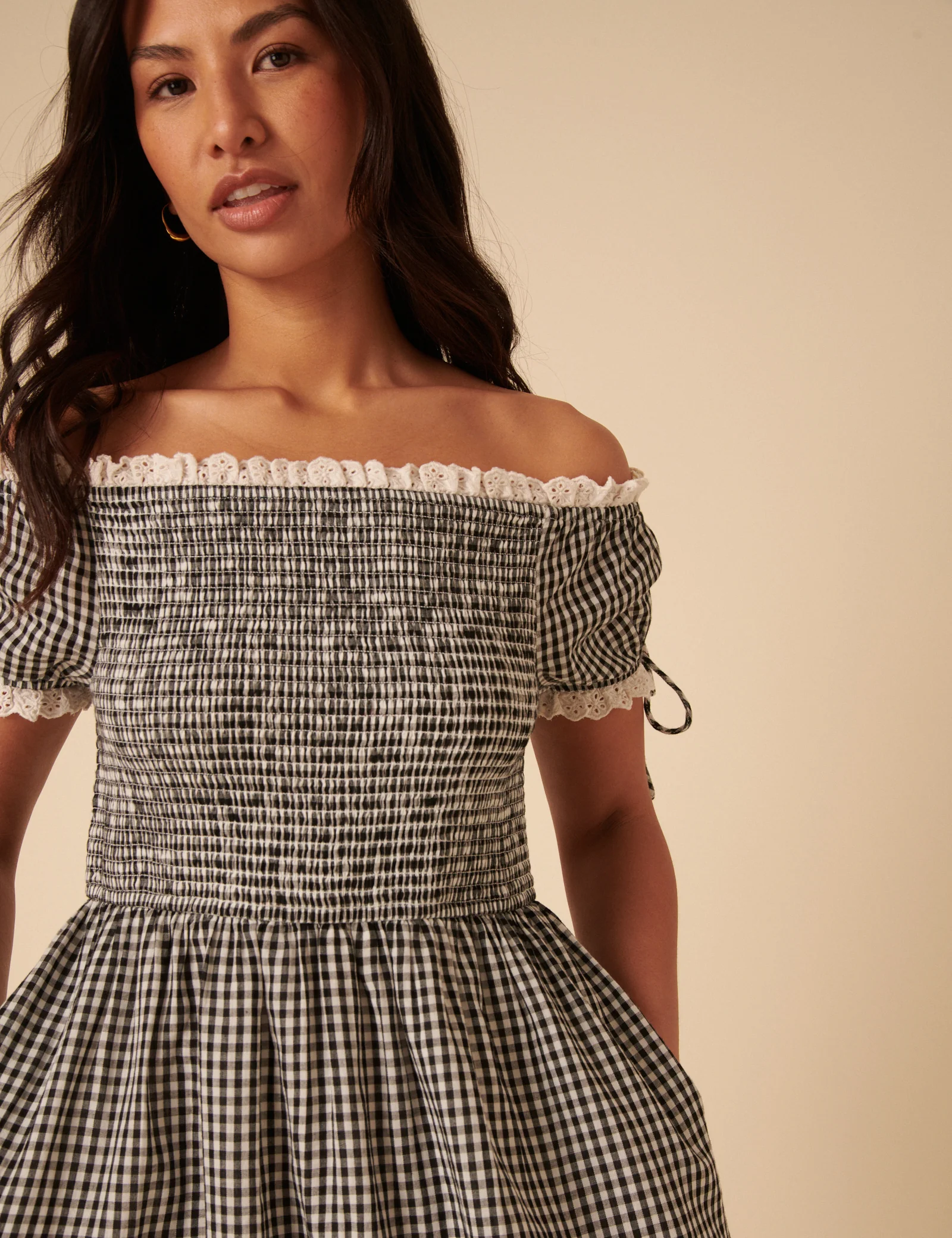 Black Gingham Bardot Adrianna Midi Dress - Image 2