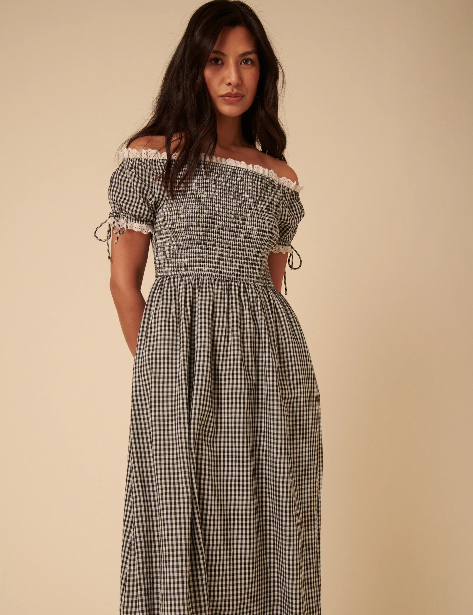 Black Gingham Bardot Adrianna Midi Dress - Image 3