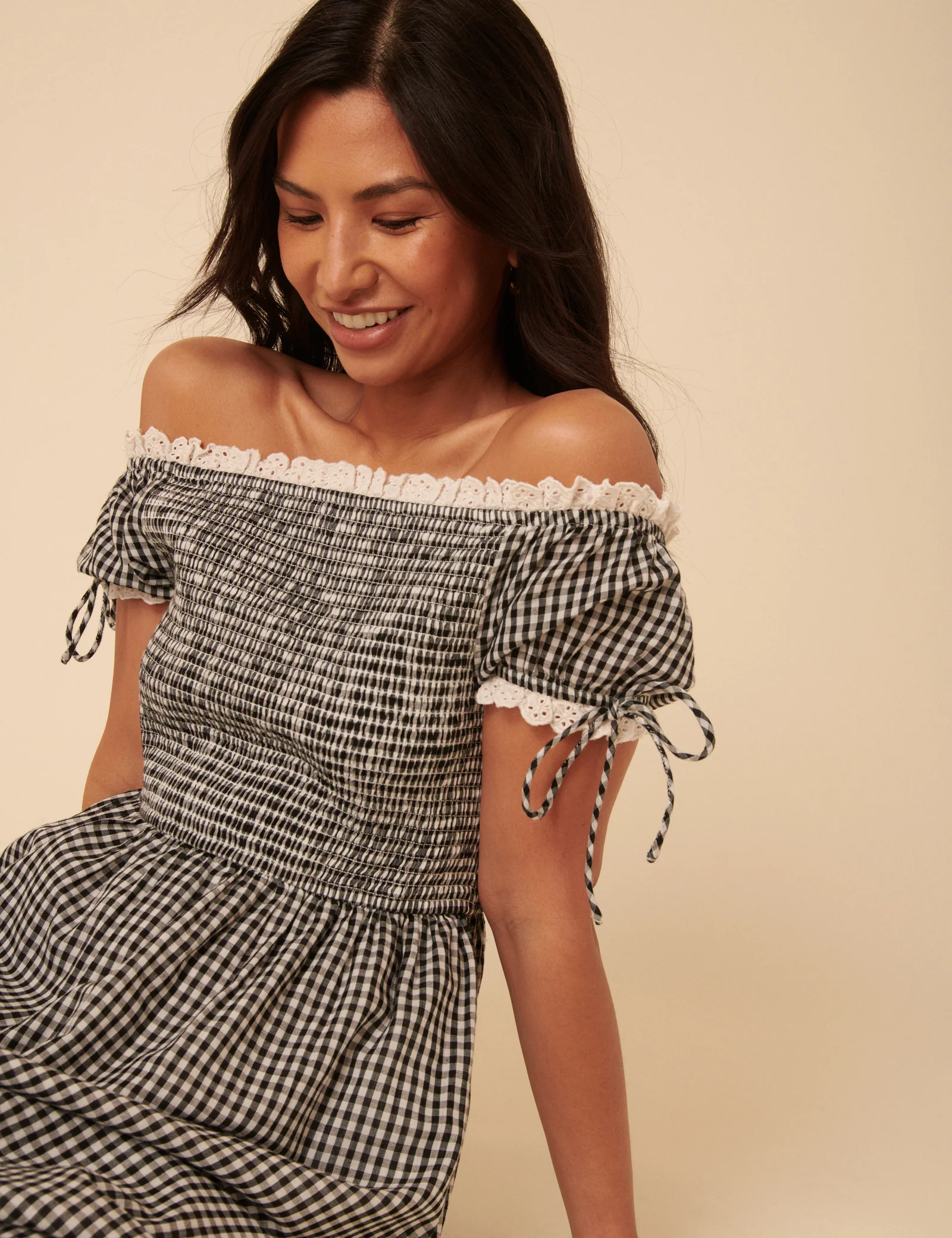 Black Gingham Bardot Adrianna Midi Dress - Image 5