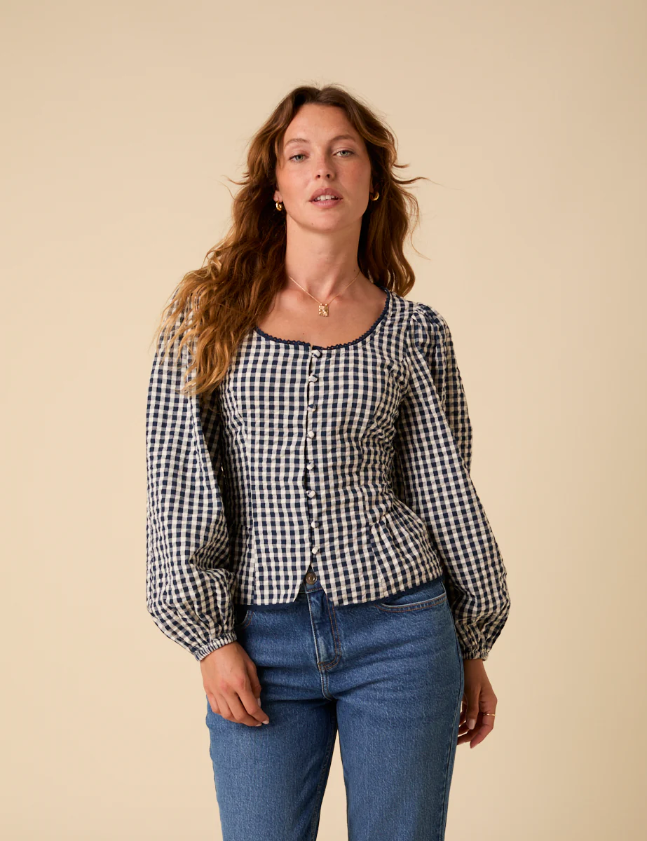 Navy Gingham Scoop Neck Blouse