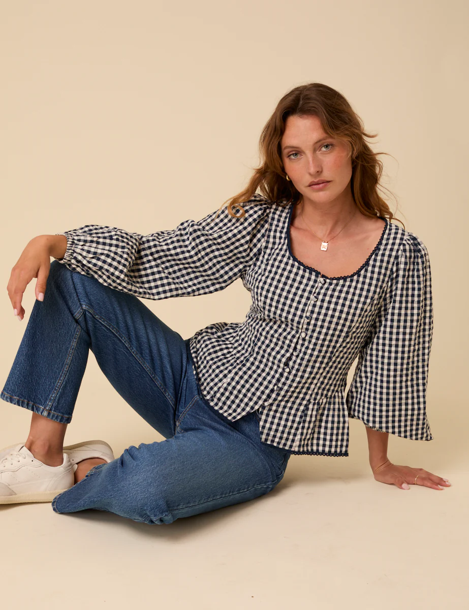 Navy Gingham Scoop Neck Blouse - Image 4