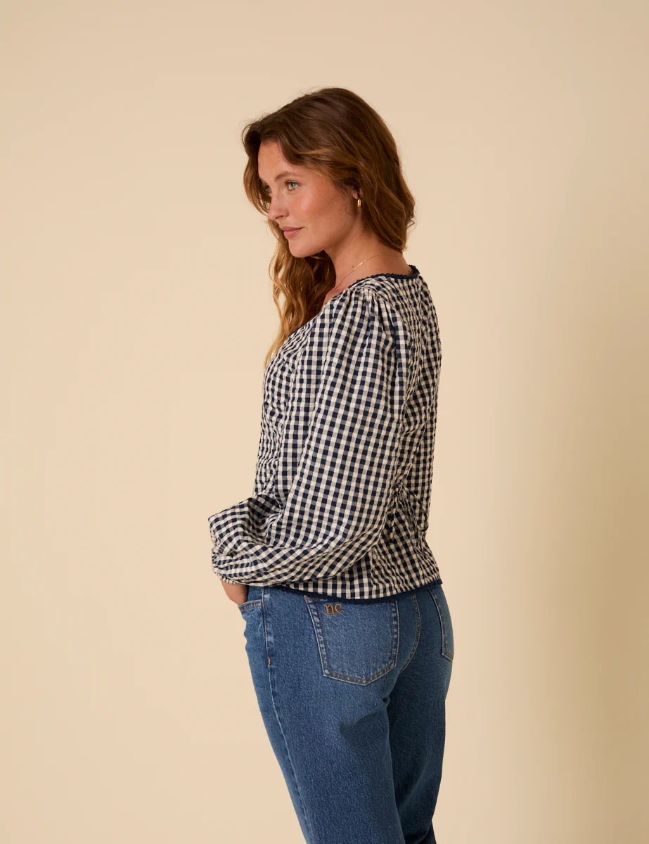 Navy Gingham Scoop Neck Blouse - Image 5