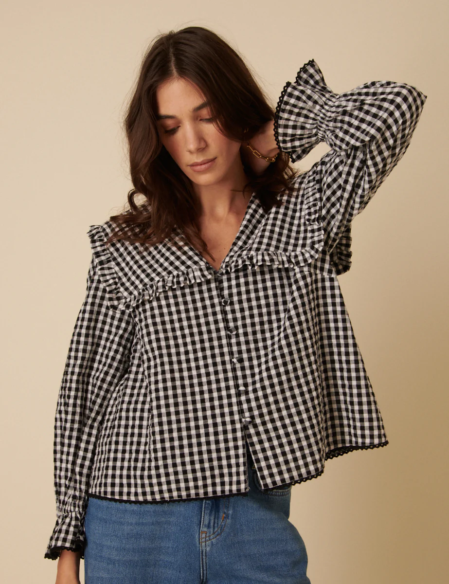Black Gingham Frill Collar Blouse - Image 3